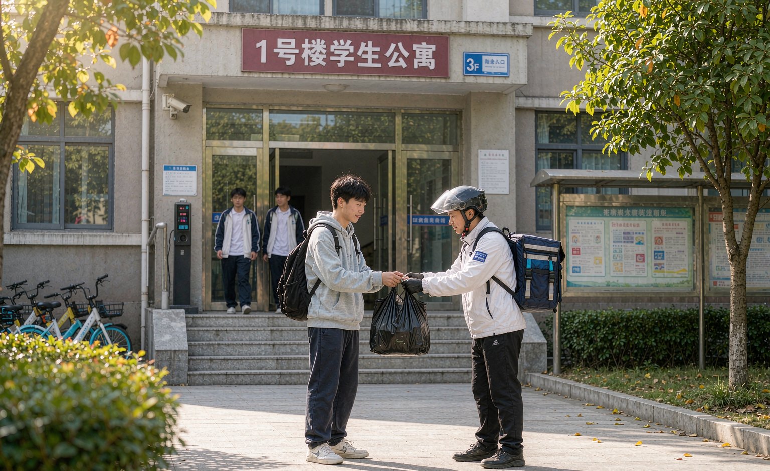 示意图:同学在宿舍楼下取餐点自提